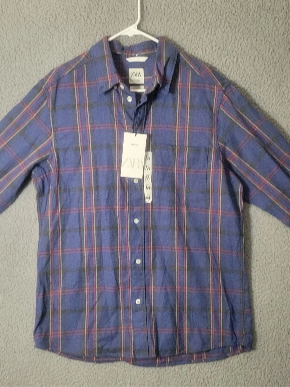 Zara Men Blue Plaid Button-Down Shirt with Red Accents